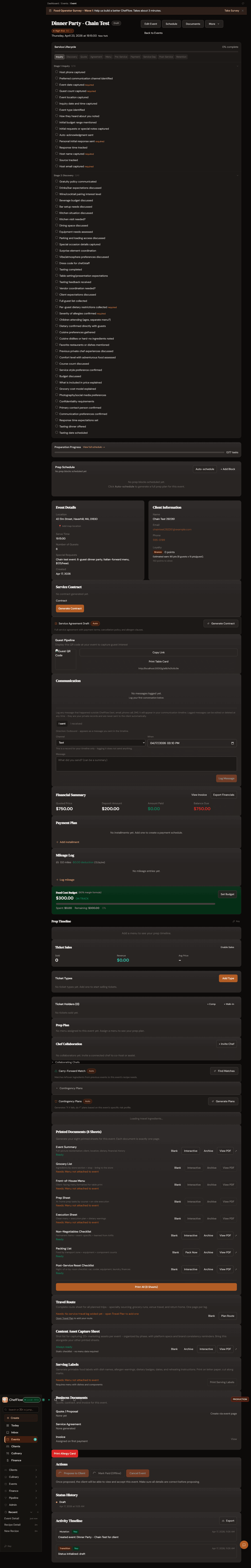 Event record with lifecycle, client context, payment summary, and food cost budget